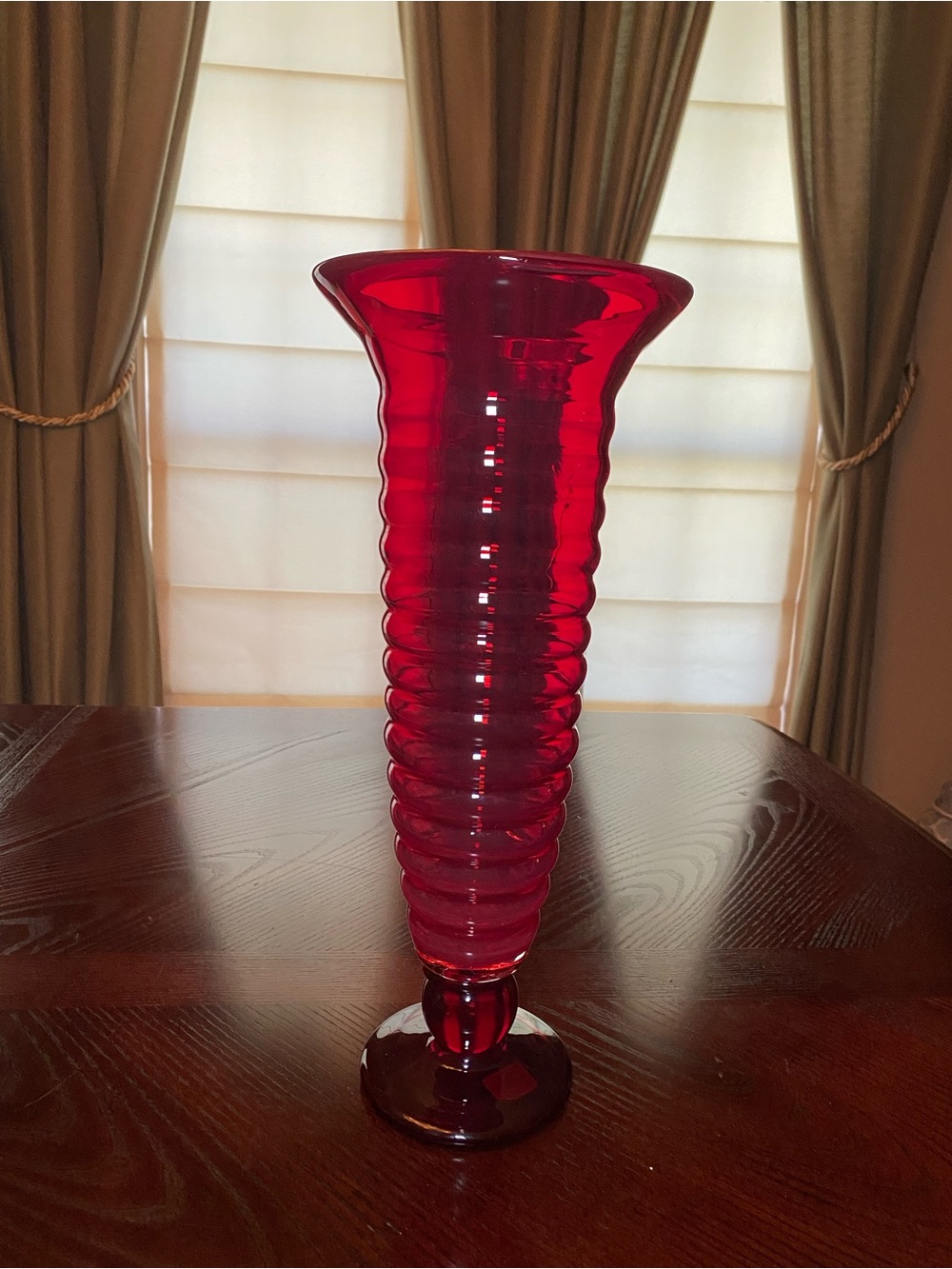 Deep Ruby Red Art Ribbed Glass Accent Vase - Unbranded Flared